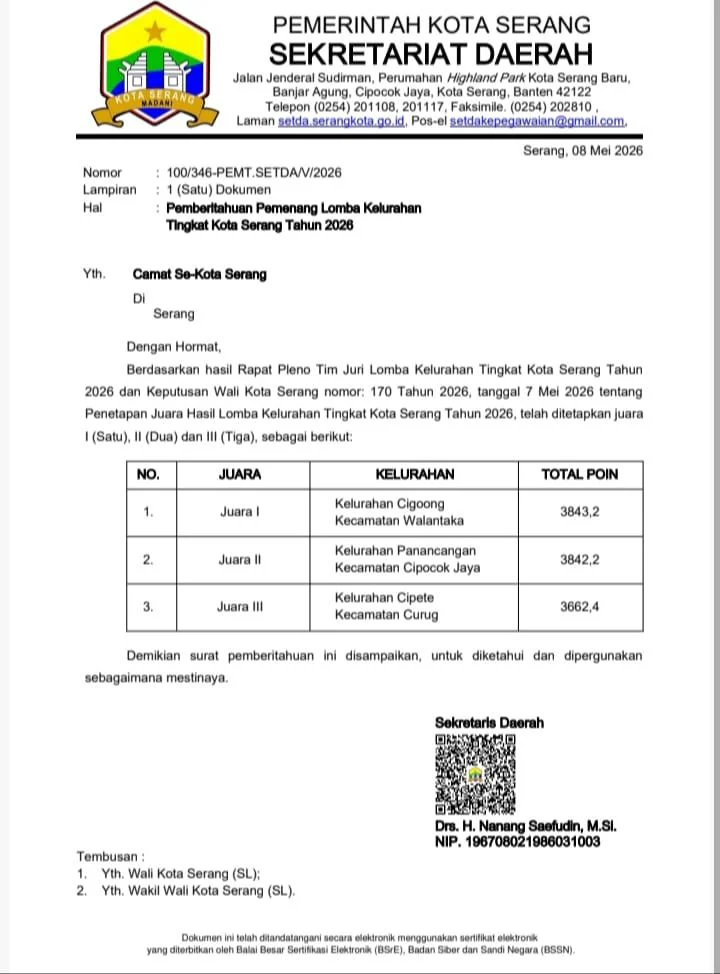 Walantaka Bangga! Kelurahan Cigoong Sabet Gelar Juara 1 Kota Serang, Ungguli Panancangan dan Cipete